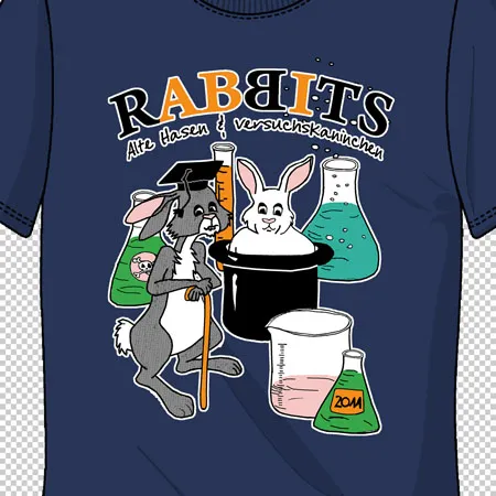 T-Shirt mit Comic-Motiv von zwei Hasen, einem mit Zauberhut und Chemikalien, in Grau und Weiß auf Blau.