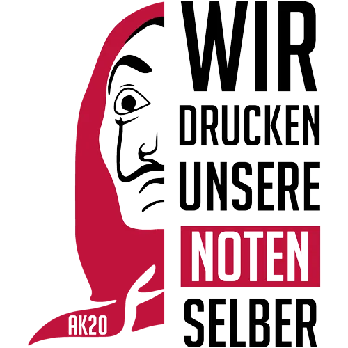 Ein grafisches Plakat in Schwarz, Weiß und Rot mit Profilansicht einer Person und dem Text "WIR DRUCKEN UNSERE NOTEN SELBER AK20".