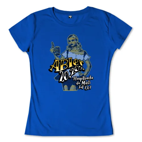 Illustration einer blonden Frau in Tracht, die ein Bier hält, mit Text "AbiBier 2020".