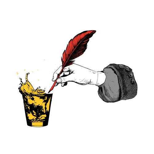 Abstraktes Design: Hand mit Feder schreibt in ein gefülltes Glas, daneben Text "Albi 2,018% - Meist Dichter als Denker".