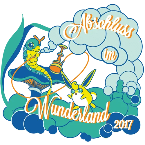 Grafik mit zwei Cartoon-Tieren, die eine Shisha rauchen, Text "Abschluss im Wunderland 2017".