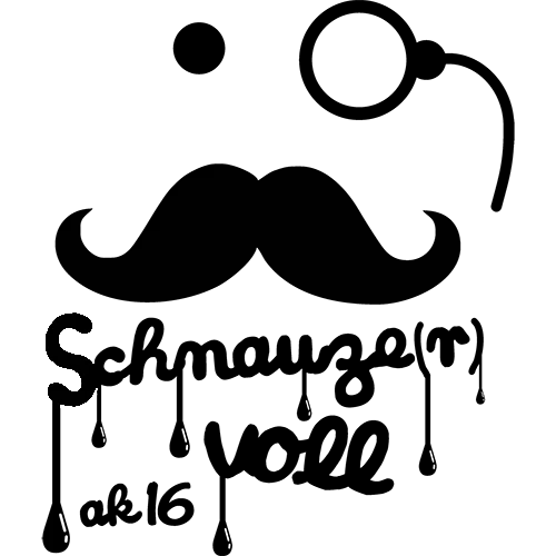 Schwarze Grafik eines Schnurrbarts und Monokels, Text „Schmauzevoll ak16“ mit Tropfen.