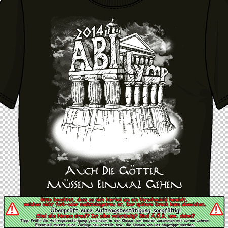 Schwarzes T-Shirt mit Abitur-Motiv und Text "Auch die Götter müssen einmal gehen".