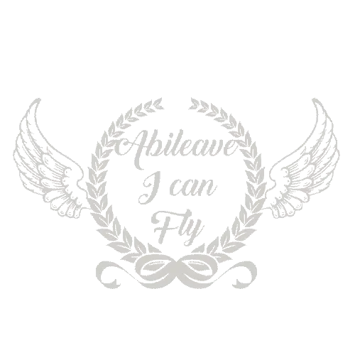 Grafik mit Lorbeerkranz, Flügeln und Text "Abileave I can Fly" in Grautönen.