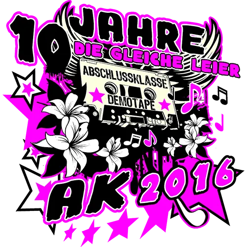 Grafik für ein Abschlussshirt mit Schriftzug "10 Jahre die gleiche Leier", Kassette und Blumen auf blauem Hintergrund.