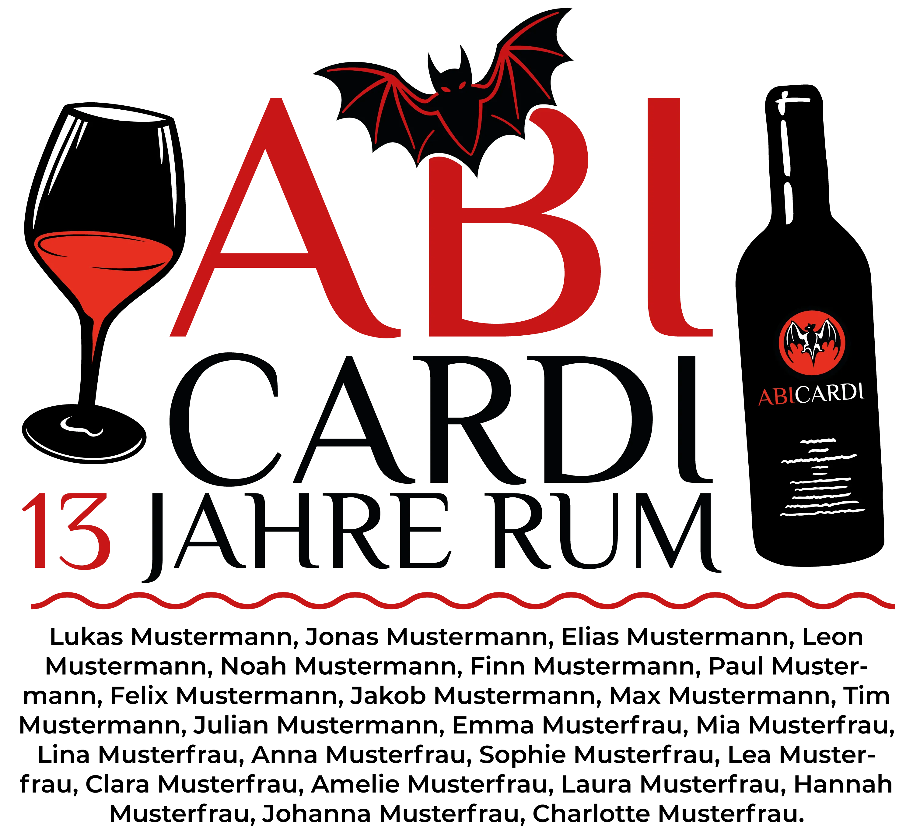 Schwarzer Hintergrund mit roter Schrift ABI und Fledermauslogo stilisiertes Glas mit rotem Getraenk Zahl 13 Wellenlinie und kleines ABIcardi Logo