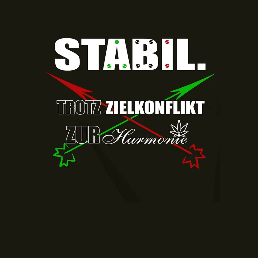 Text "STABIL." und "TROTZ ZIELKONFLIKT ZUR Harmonie" mit farbigen Pfeilen und Ahornblättern.