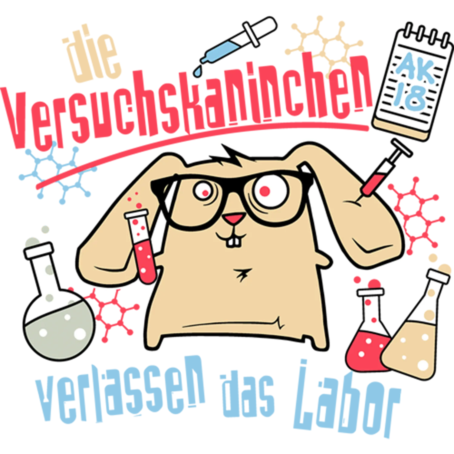 wissenschaftler_kaninchen_mit_brille Ein cartoonhaftes Kaninchen mit Brille, umgeben von Reagenzgläsern und einem Marker, auf rotem Hintergrund.