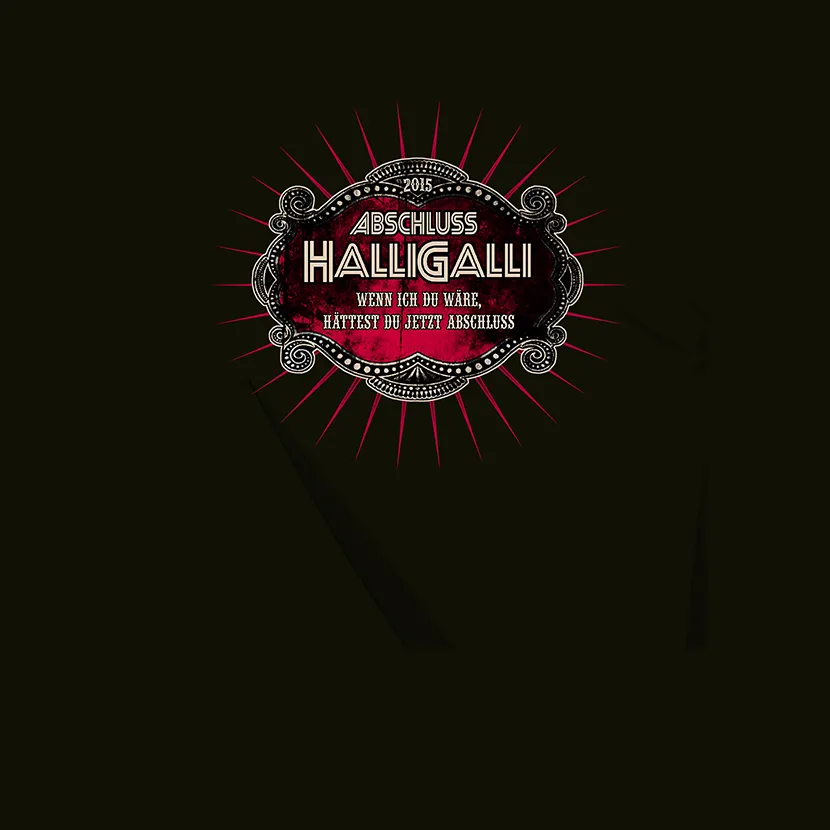 Detailreiches Event-Logo mit dem Text "Abschluss HalliGalli 2015" und einem Spruch.