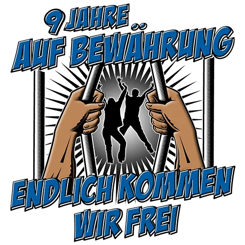 Illustration von Händen, die Gefängnisgitter auseinanderziehen, mit Silhouette zweier Menschen und dem Text "9 Jahre auf Bewährung. Endlich kommen wir frei!"