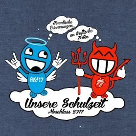 Zwei Cartoon-Charaktere, einer blau und einer rot, auf grauem Hintergrund, Text "Unsere Schulzeit Abschluss 2017".