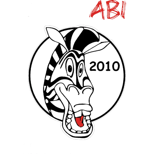 Illustration eines lachenden Zebras, umrandet von den Worten "Zebra Abi 2010" und "Punkte waren gestern".