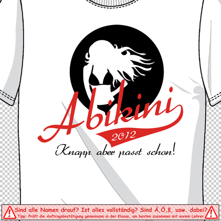 Weißes T-Shirt mit 'Abikini 2012' Schriftzug und Grafik eines fliegenden Pferdes.