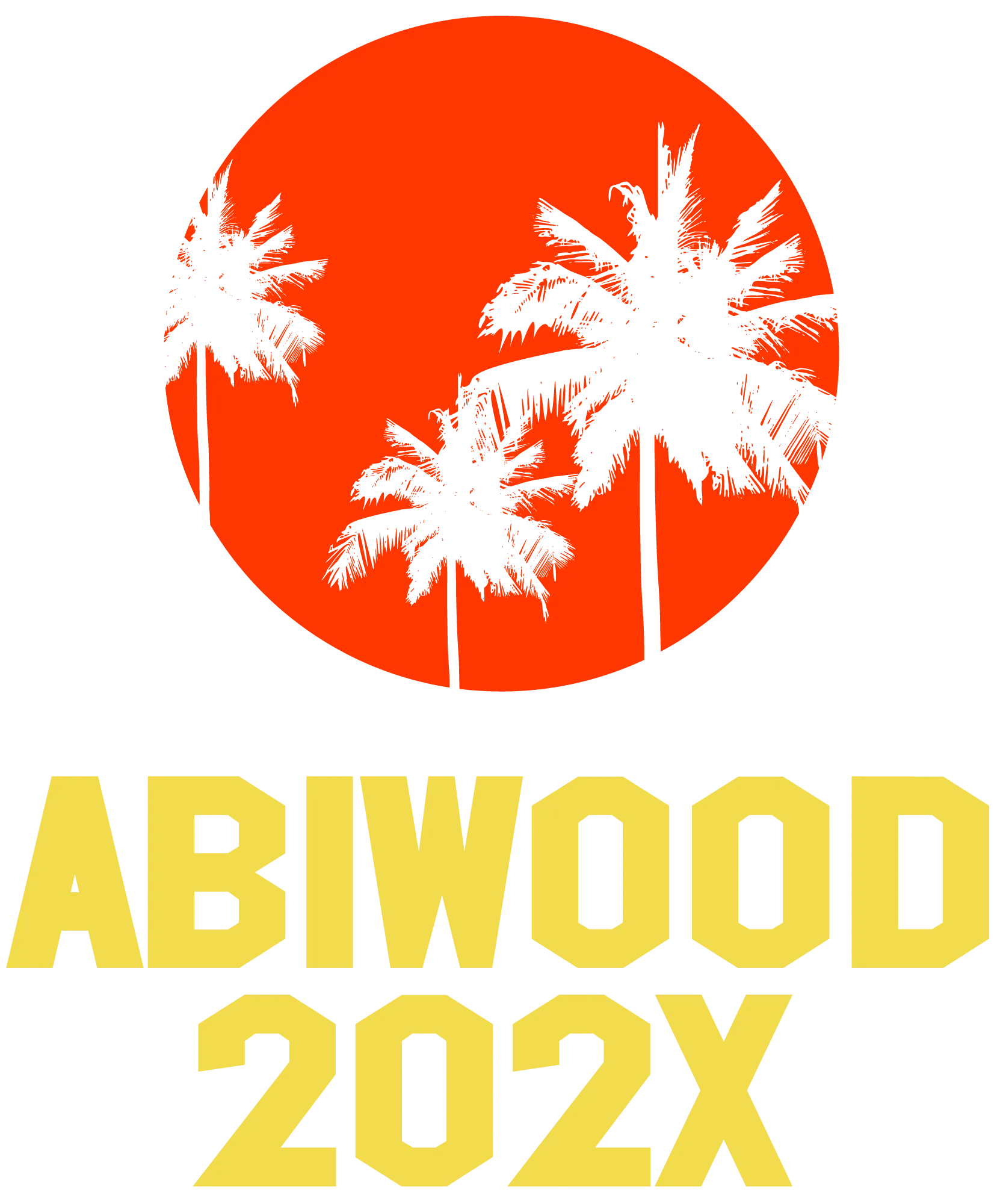 Schwarze Palmen vor rotem Kreis und gelber Schrift ABIWOOD 202X darunter