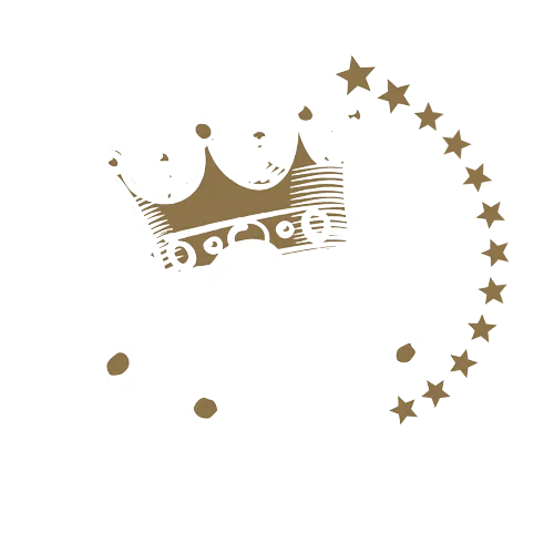 Grafik eines weißen Pinguins unter einer goldenen Krone, umgeben von Sternen, mit dem Text "Kniet nieder ihr Narren, der Adel verlässt den Hof".