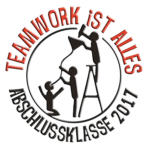 Grafik mit drei stilisierten Figuren, die sich gegenseitig beim Erklimmen unterstützen, umrahmt von Text "Teamwork ist alles, Abschlussklasse 2011".