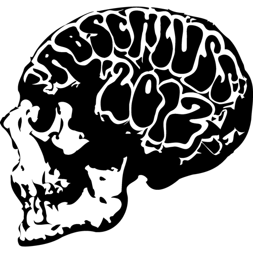 Schwarzes Grafikdesign eines menschlichen Schädels, dessen Gehirnfläche das Wort "ABSCHLUSS 2012" zeigt.