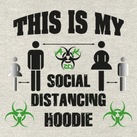 Graues Hoodie-Design mit Text "THIS IS MY SOCIAL DISTANCING HOODIE", Icons von Menschen und Viren, und "2m" Abstandsangabe.