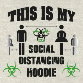 Graues Hoodie-Design mit Text "THIS IS MY SOCIAL DISTANCING HOODIE", Icons von Menschen und Viren, und "2m" Abstandsangabe.