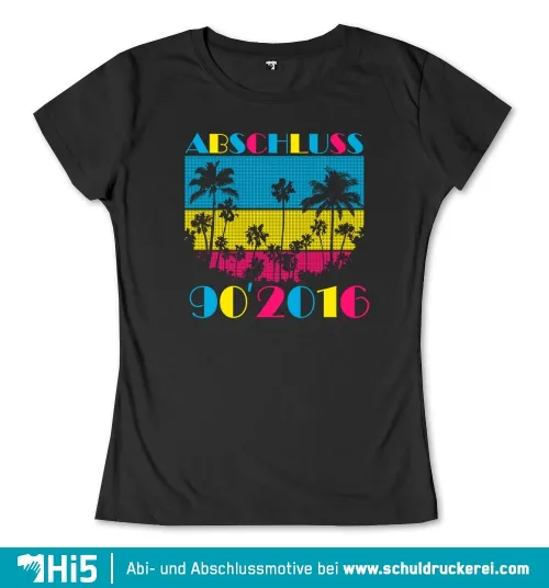 Grafisches T-Shirt-Design mit dem Wort 'ABSCHLUSS' und Datumsbereich '90'2016' unter einem bunten, pixeligen Sonnenuntergang mit Palmen.