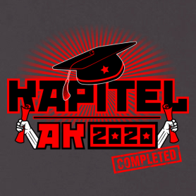 Grafik in Rot und Schwarz mit akademischem Hut, zwei Händen und Champagner, Schriftzug "KAPITEL AKADEMIE 2020".