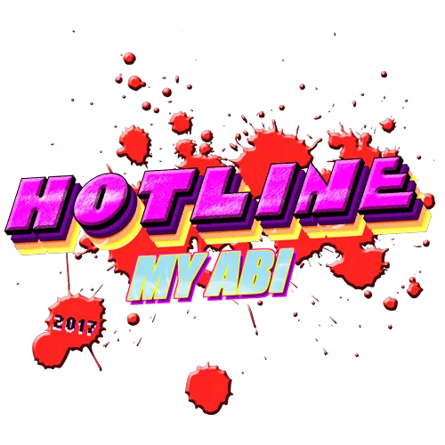 Buntes, grafisches Design mit dem Text "HOTLINE MYABI 2017" in 3D-Optik, umgeben von Spritzern.