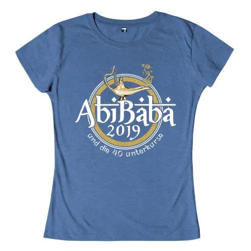 Logo mit einer Wunderlampe, "AbiBaba 2019 und die 40 Unterkurse" Text auf blauem Hintergrund.
