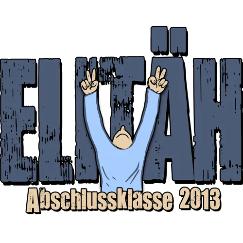 Grafik auf orangem Hintergrund, zeigt blauen Text "ELIAH" mit einer Person, die von unten winkt, und "Abschlussklasse 2013".