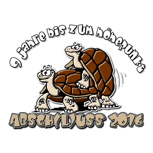 Logo mit zwei Schildkröten und Text "9 Jahre bis zum Höhepunkt Abschluss 2016" auf pinkem Hintergrund.