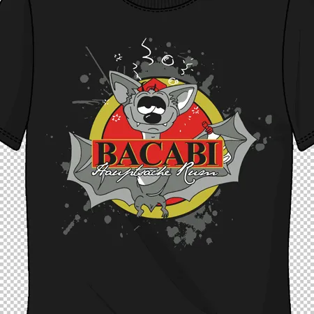 Schwarzes T-Shirt mit Cartoon-Fledermaus und Logo "Bacabi Crazy Psycho Rum".