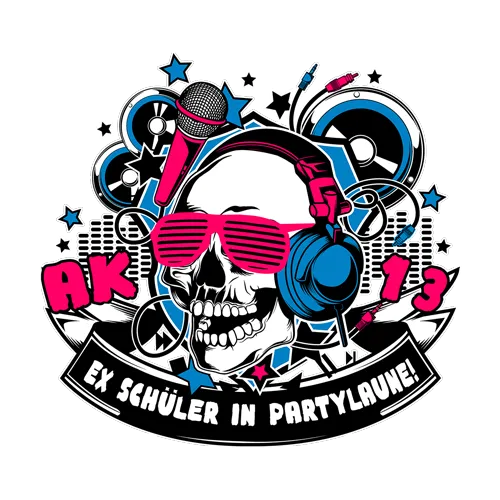 Grafik mit Totenkopf in Sonnenbrille und Kopfhörern, umgeben von Sternen und Mikrofon, Text "AK 13 Ex Schüler in Partylaune".