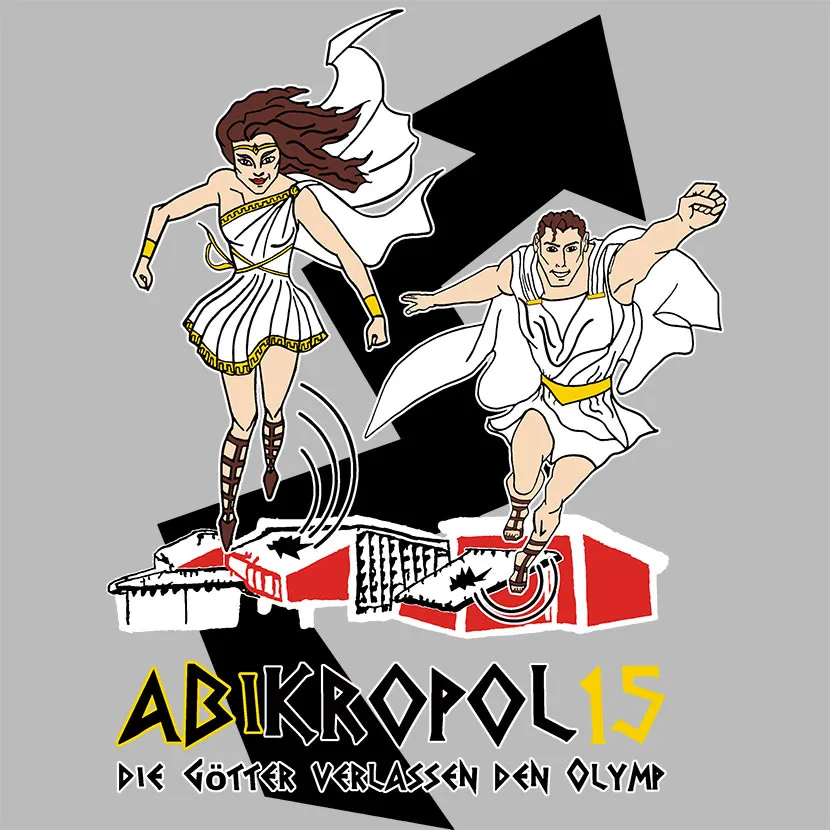 Zwei griechische Götter laufen von einer zerbrochenen Akropolis weg, Titel 'ABIKROPOLIS 15' darunter.