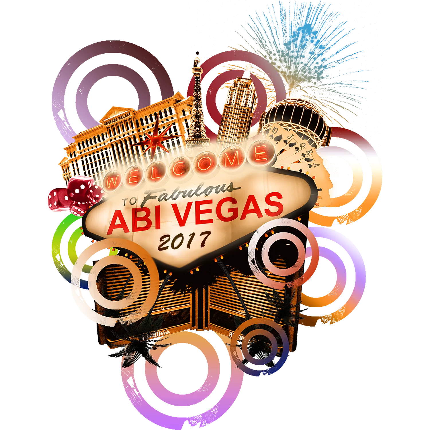 Grafik "Welcome to Fabulous ABI Vegas 2017" mit Vegas-Skyline, Würfeln und Zahnrädern.