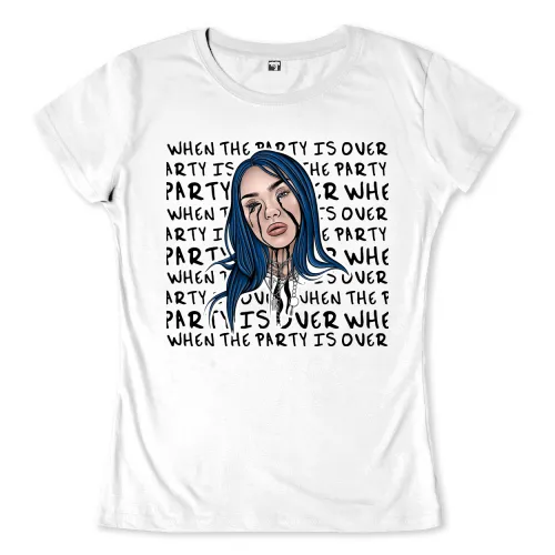 Illustration einer Frau mit blauen Haaren vor einem Textmuster mit dem Satz "When the party is over".