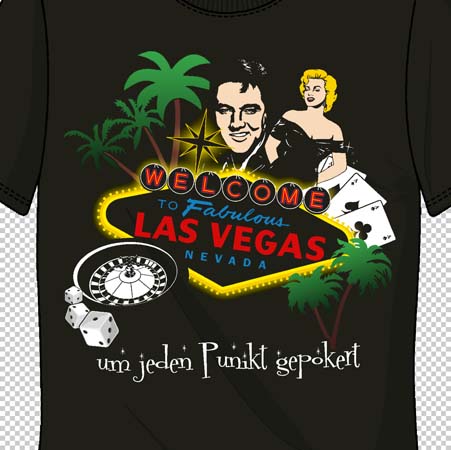 Schwarzes T-Shirt mit "Welcome to Fabulous Las Vegas Nevada" Design, Spielkarten, Würfeln und Palmen.