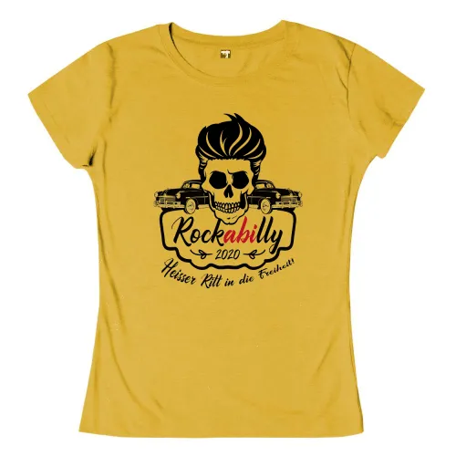 Schwarzes Weiß-Design eines Schädels mit Rockabilly-Frisur, zwei Autos im Hintergrund und dem Schriftzug "Rockabilly 2020 Heisser Ritt in die Freiheit".