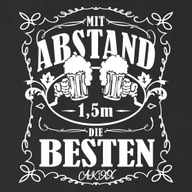 Schwarzweiß-Poster mit Schriftzug "Mit Abstand die Besten" und zwei Bierkrügen über "1,5m" Text, umrahmt von floralen Mustern.