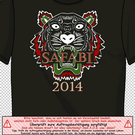 Grünes T-Shirt mit einem großen, weißen Tigerkopf und einem Text "SAFEARI 2014" darauf.
