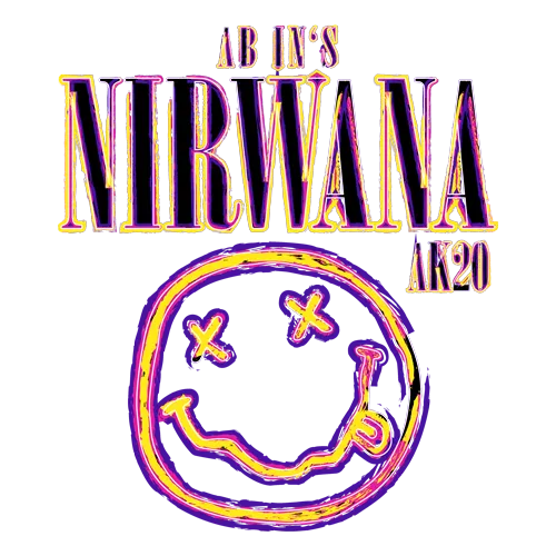 Grafik zeigt "AB INS NIRWANA AN20" Text und Smiley mit XX-Augen auf lila Hintergrund.
