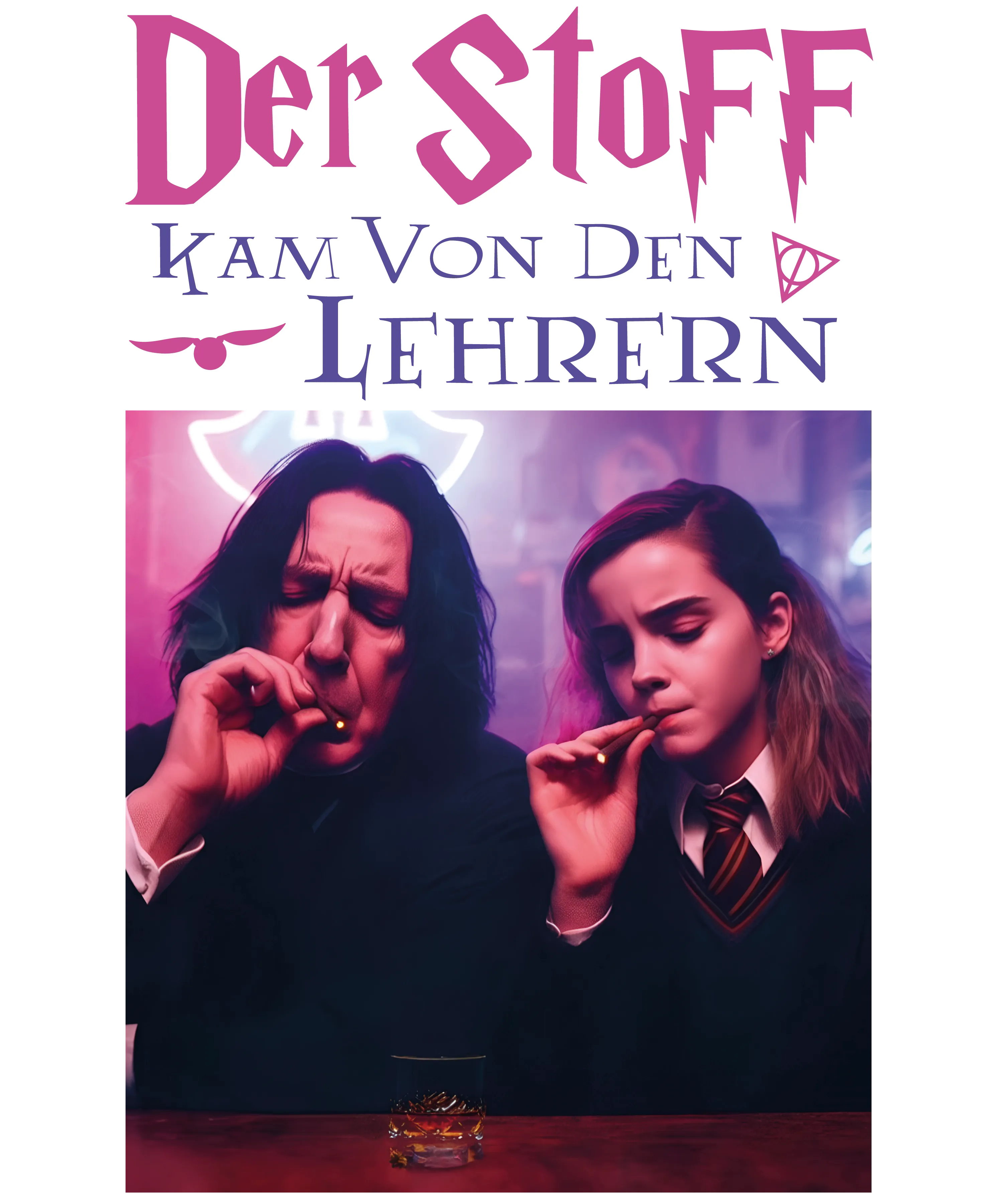 Zwei Personen rauchen joints an der Bar unter neonfarbener Aufschrift Der Stoff Kam Von Den Lehrern