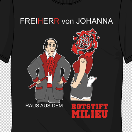 Schwarzes T-Shirt mit einem grafischen Design einer stilisierten Figur und einer Rose, Textelementen.