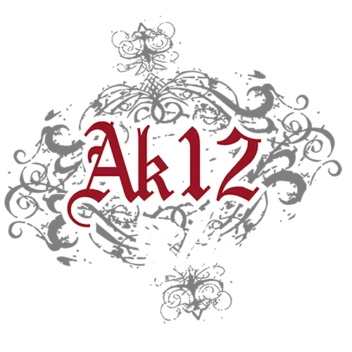 Grüner Hintergrund mit weißem 'AK12 die Elite geht!' Text, umgeben von dekorativen Mustern.