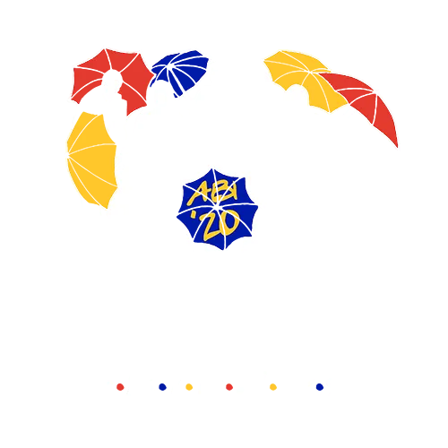 Sechs Personen mit Schirmen sitzen auf einem Sofa, Text "Abi there for you", "13 Jahre FRIENDS".