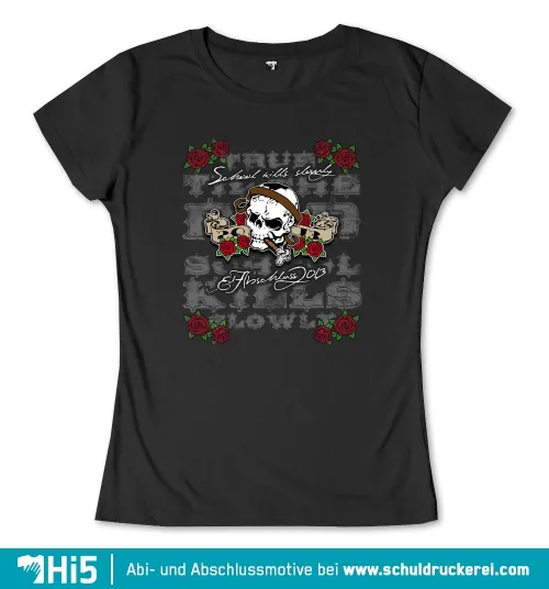 Grafik mit Totenkopf, umringt von roten Rosen und Bannern mit Text 'Schulabschluss 08' auf dunklem Hintergrund