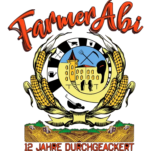 Logo mit Text "Farmers Abi", Getreideähren, Schulgebäude und Zeichenwerkzeug in einem Kreis.