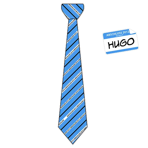 Abgebildet ist eine blau gestreifte Krawatte und ein Namensschild mit "Hugo".