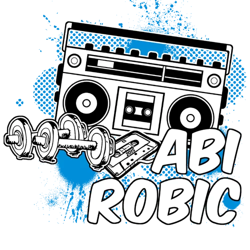 Ein blaues T-Shirt mit einem weißen Grafikaufdruck, der ein Kassettenradio und Hanteln zeigt, mit dem Text 'ABI ROBIC' und 'DIE GYMNASIEN GEHEN AB'.