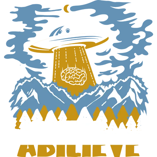 Grafik eines UFOs, das über schneebedeckten Bergen schwebt, mit dem Text "I WANT TO ABILIEVE".