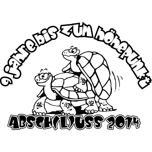 Gruenes T-Shirt mit Aufdruck "9 Jahre bis zum Hohenflug, Abschluss 2014" und zwei Schildkroeten, eine groesser als die andere.