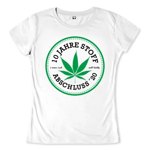 Grünes Cannabisblatt in einem weißen Kreis mit Text "10 Jahre Stoff Abschluss '20" in Schwarz.